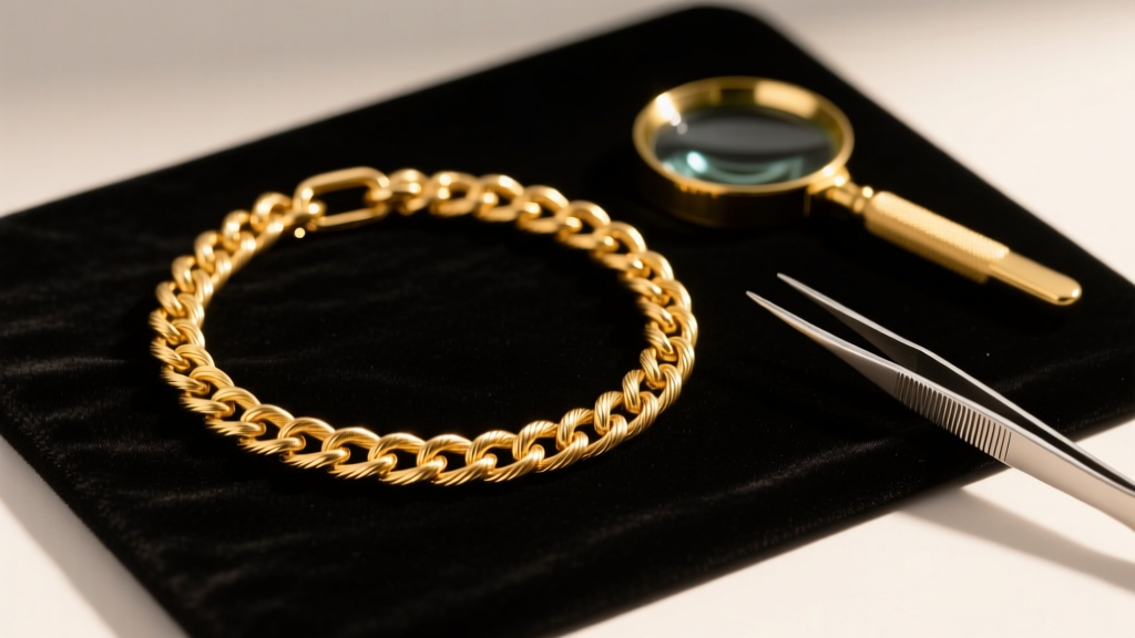 Snapped 18k gold cable chain on dark velvet jeweler mat, beside a jeweler loupe and fine steel tweezers under warm studio lighting.