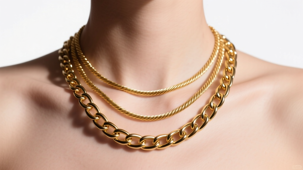 Layered gold trio necklace set with delicate cable, medium figaro, and thick curb chains resting elegantly on a bare collarbone