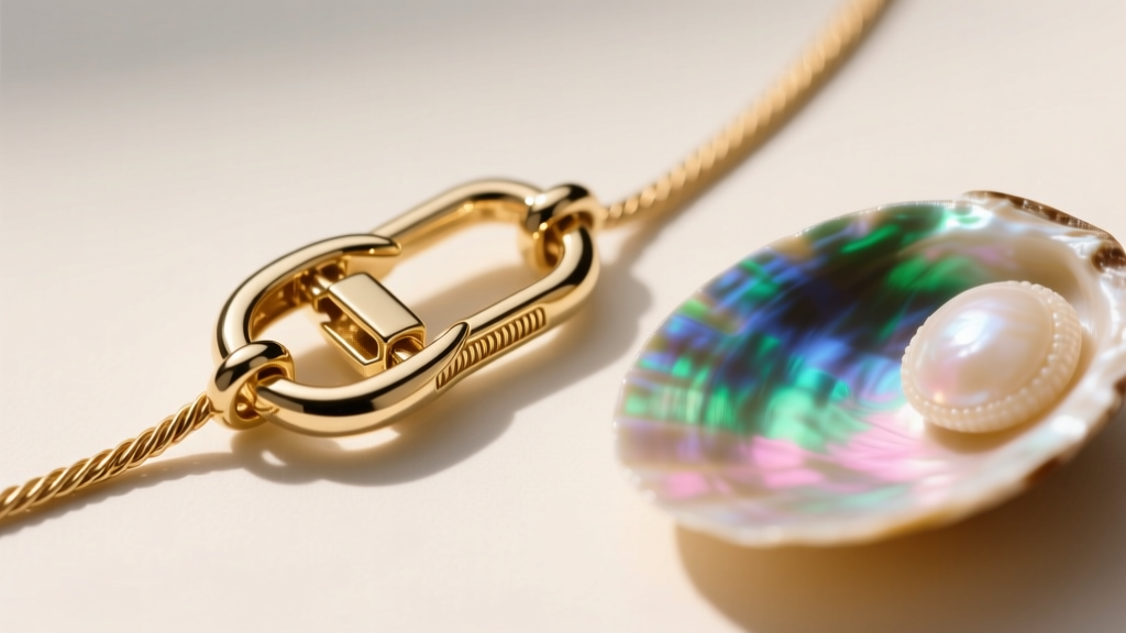 Detailed view of a 5mm lobster clasp securing a delicate 0.9mm gold vermeil cable chain next to a genuine mother-of-pearl shell
