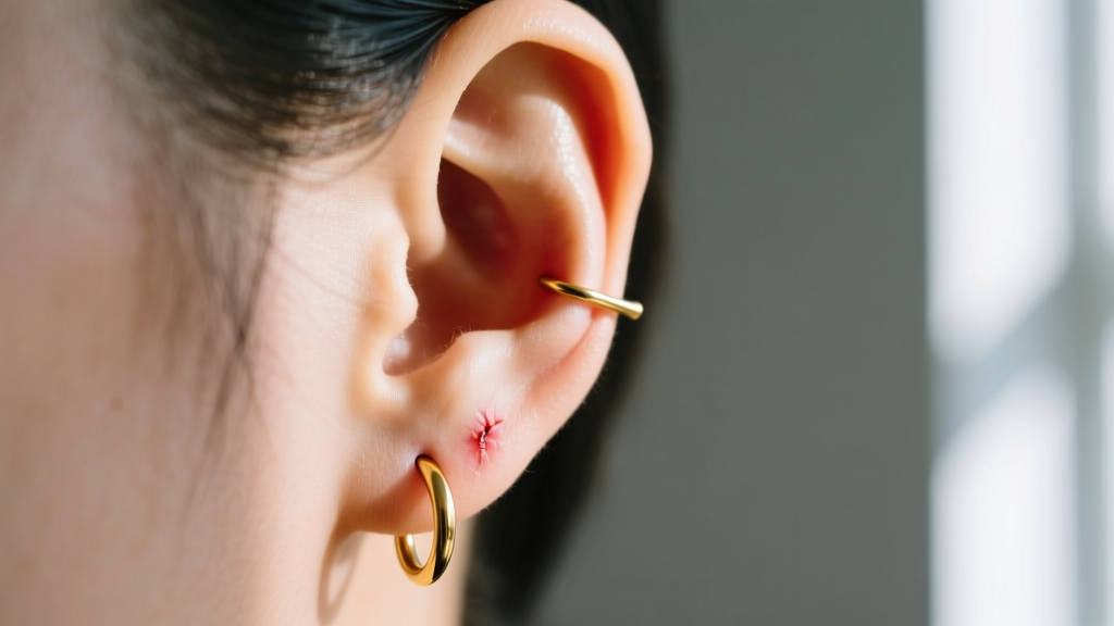 Side profile of an earlobe showing early piercing migration with a gold hoop sitting shallowly near the bottom edge of the skin.