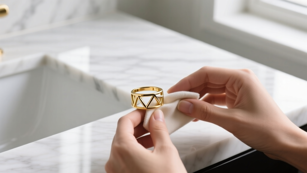 Hands gently wiping an 18k gold plated sterling silver ear cuff with a microfiber polishing cloth over a marble vanity top