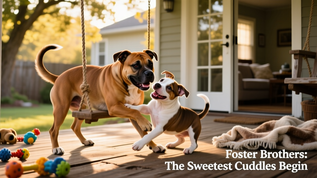 Dozer and Chimney playing together in a sunlit backyard, tails wagging, both clearly joyful and inseparable