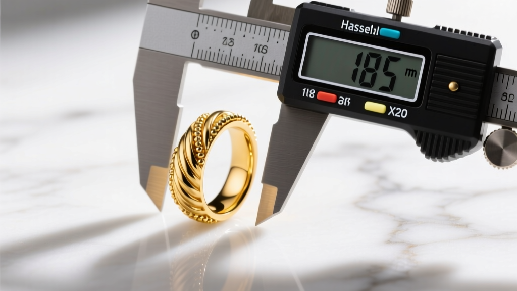 Digital calipers measuring the inner diameter of a gold captive bead ring curved helix earring on a clean white marble surface.