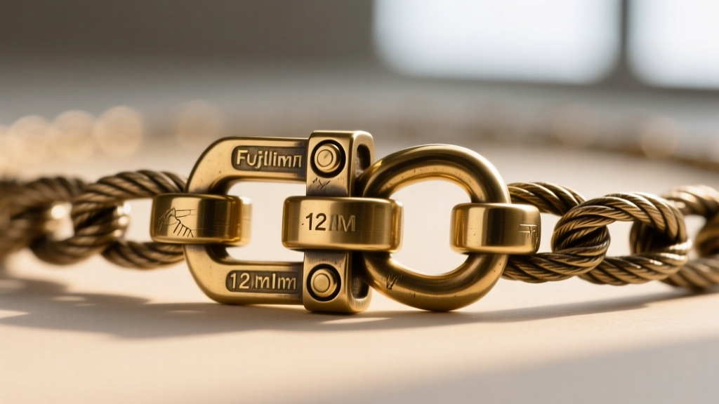Macro photography of a heavy brass statement necklace clasp, showing a reinforced 12mm toggle clasp securing a thick cable chain