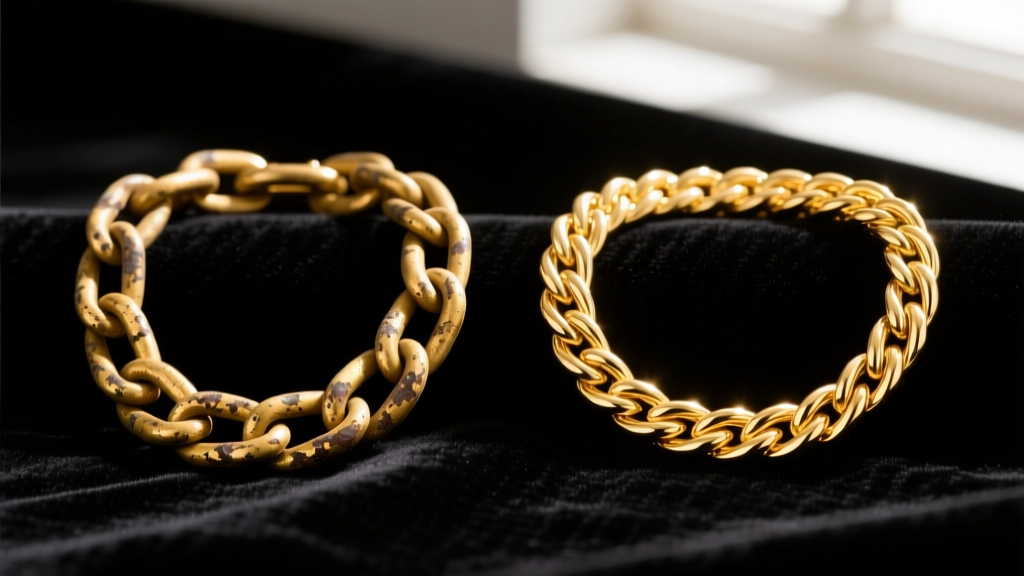 Side-by-side view of a tarnished gold-plated chain and a brilliant 18k solid gold rope chain resting on dark velvet fabric.