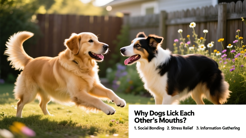 A dog performing a play bow while another dog approaches with a relaxed, open mouth