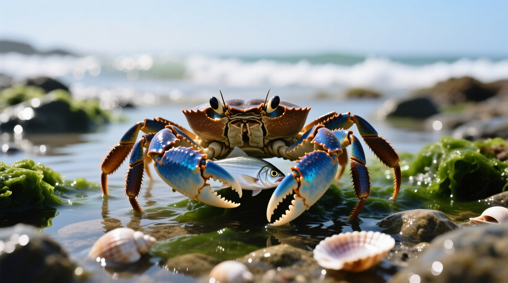 Crab eating small fish in natural habitat