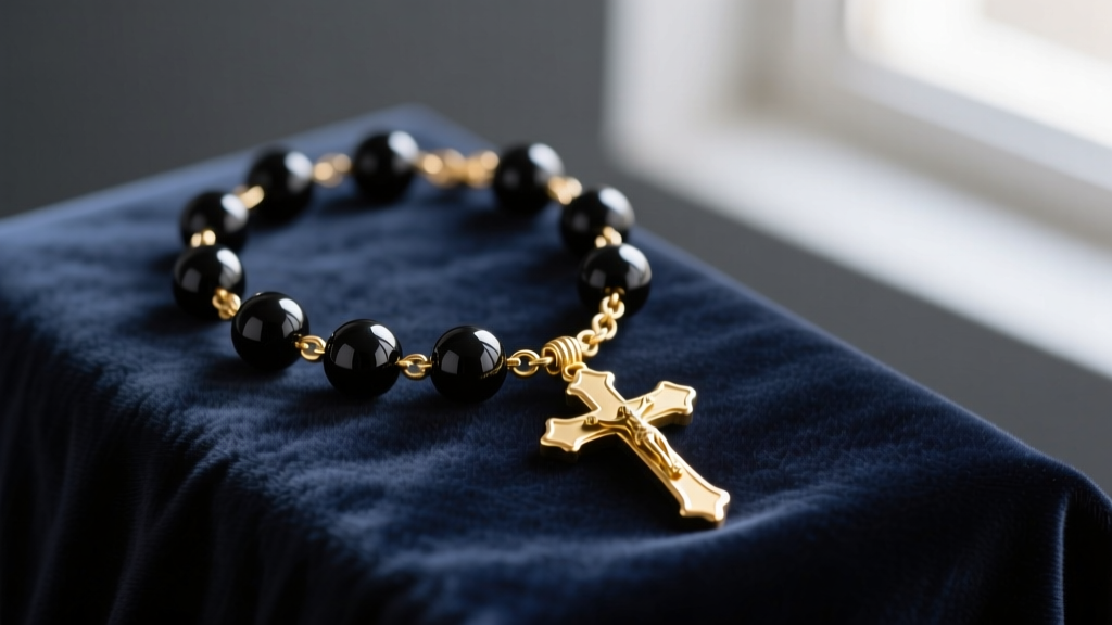 14k gold single-decade rosary necklace on dark velvet, soft lighting highlighting 6mm onyx beads and a delicate crucifix.