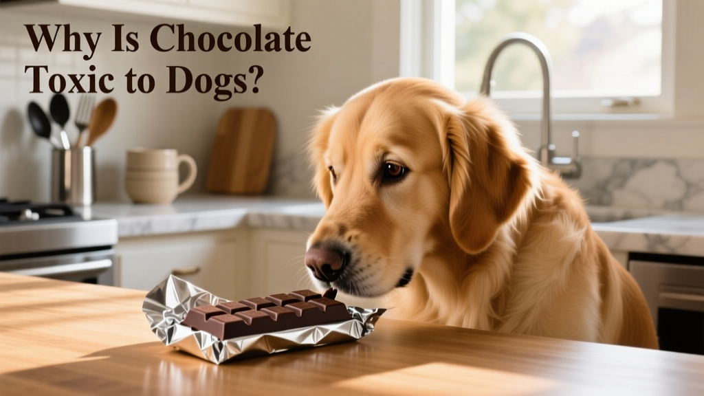 A curious dog sniffing near a wrapped chocolate bar on a kitchen counter