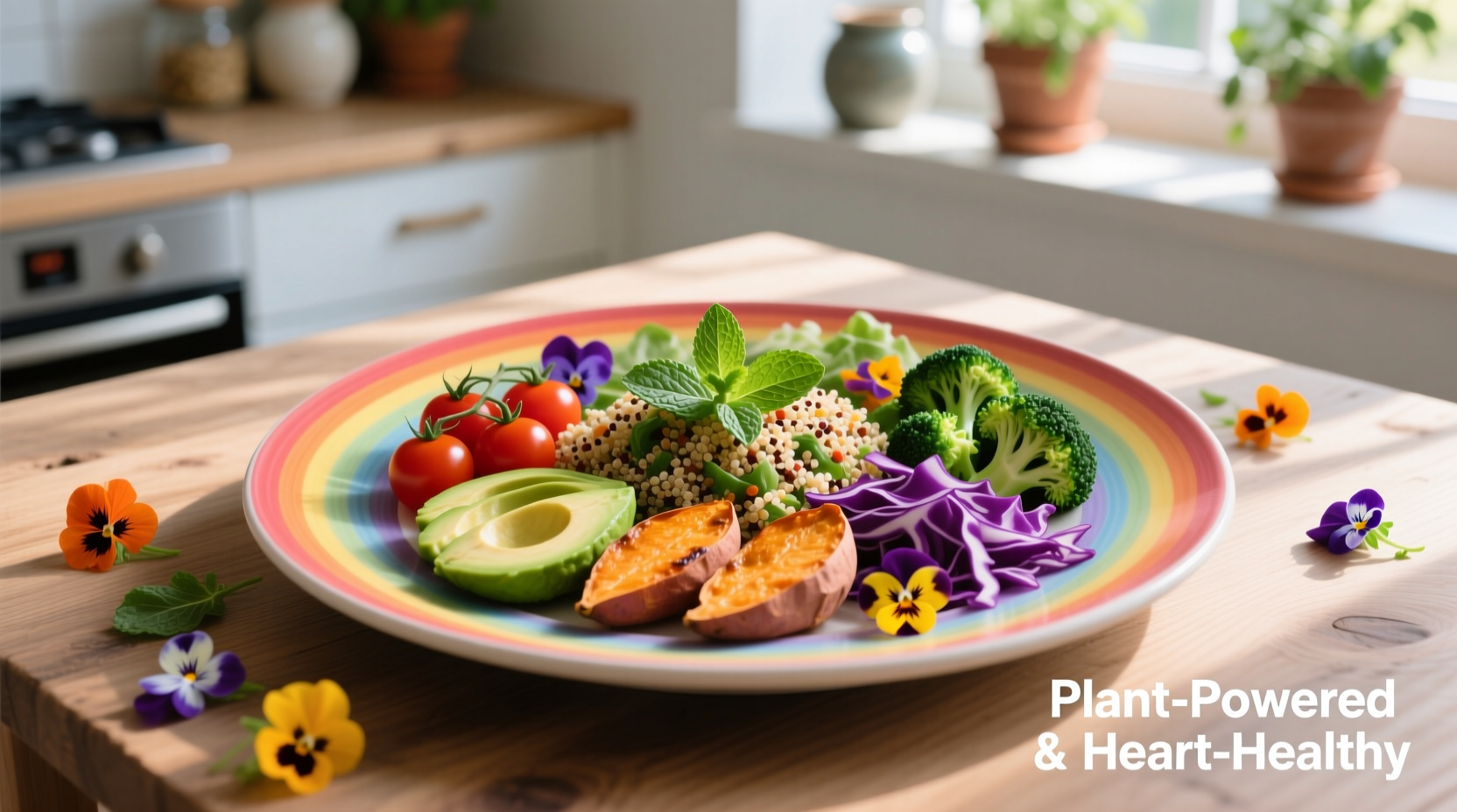 Colorful plate of cholesterol-free plant-based foods