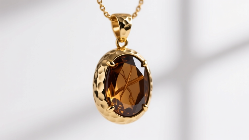 Macro shot of 9ct gold and Cairngorm quartz Alan Hannah pendant showing hammered metal texture and smoky brown gem inclusions.