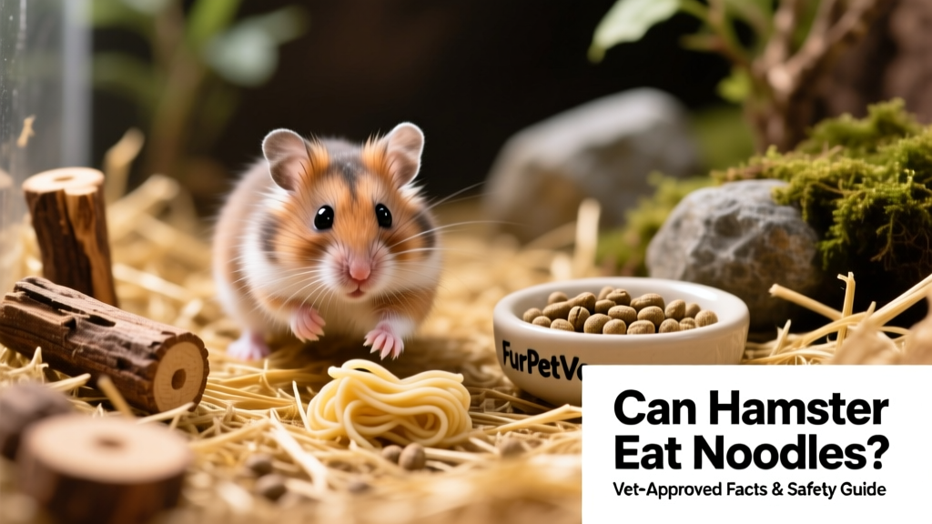 Happy dwarf hamster exploring a naturalistic enclosure with hay, wooden chew toys, and a small dish of FurPetVo pellets