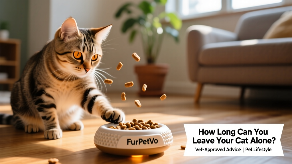 Close-up of a calm cat interacting with a FurPetVo interactive puzzle toy filled with kibble