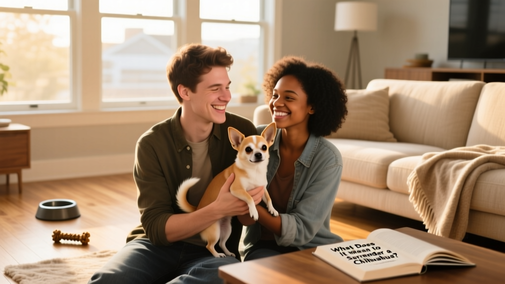 Two people smiling while gently holding a Chihuahua between them during a meet-and-greet in a sunny living room