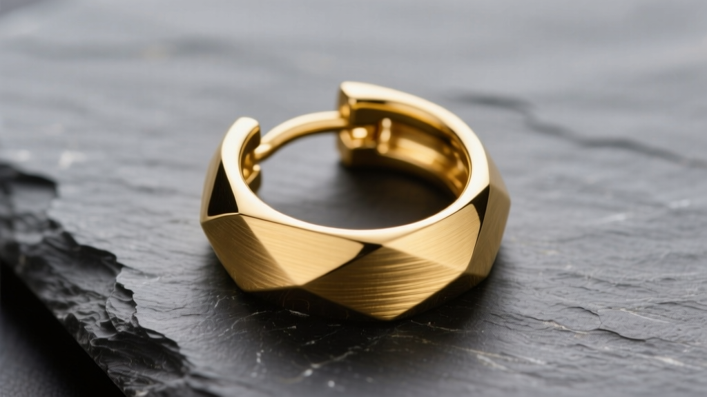 Macro view of an 18k yellow gold oval hoop earring on slate, showing the brushed texture and hinged clasp under studio lighting.