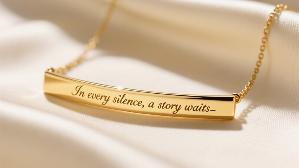 Close-up of a 14k yellow gold horizontal bar necklace with delicate laser-engraved literary text, resting on cream silk fabric.