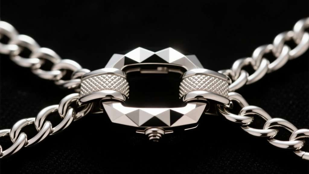 Extreme close-up of a heavy-duty diamond-cut box clasp with dual safety latches securing a thick 8mm mens silver figaro chain.