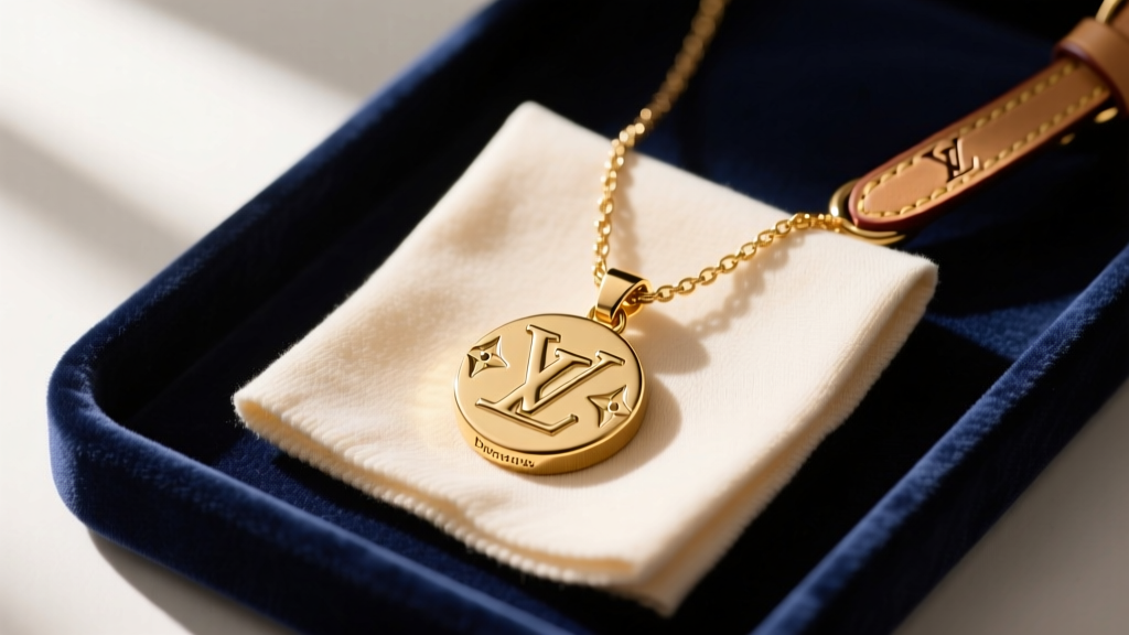 Soft microfiber cloth gently polishing a gold-tone brass Louis Vuitton Empreinte pendant necklace on a dark velvet jewelry tray.