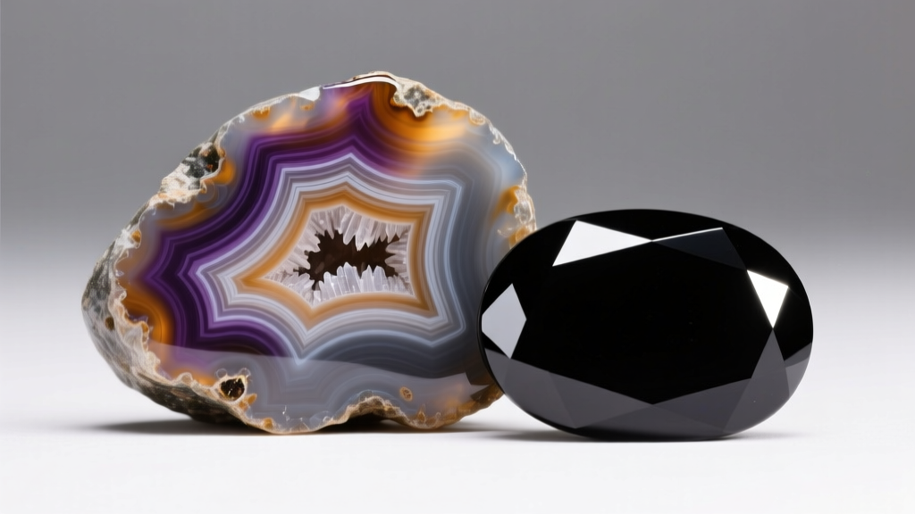 Macro photo of raw banded agate beside a cut black onyx cabochon, showing gemstone treatment under bright studio lighting.