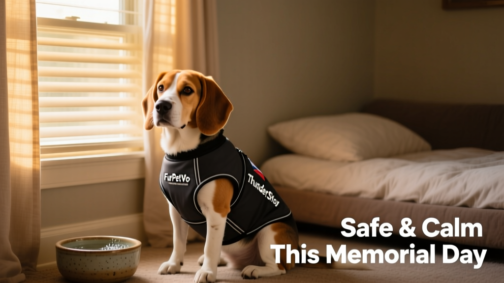 A well-fitted FurPetVo ThunderShirt on a relaxed beagle sitting calmly beside a closed window with curtains drawn, a water bowl nearby, and a soft bed in view