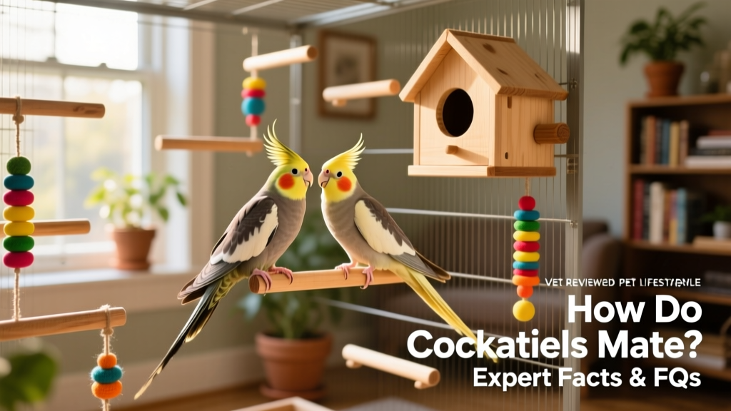 Spacious cockatiel enclosure with perches, toys, and a wooden nest box mounted securely to the side