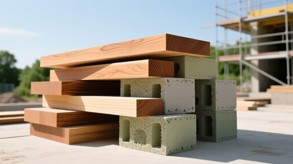 Modern cross-laminated timber panels and hempcrete blocks stacked at a sustainable European construction site under bright daylight