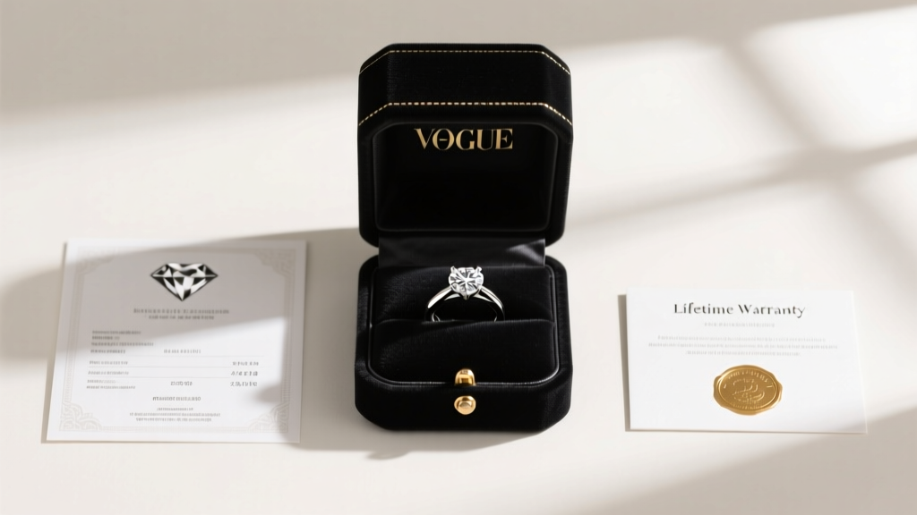 Open luxury ring box displaying a diamond certificate and a lifetime warranty card beside a classic solitaire engagement ring