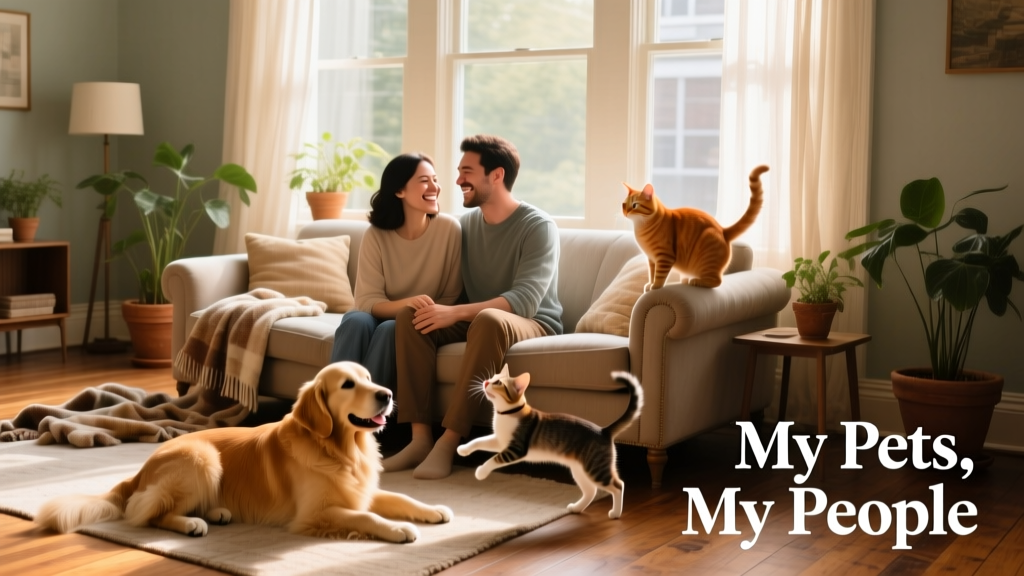 Ali and Mat relaxing in a sunlit living room surrounded by happy dogs and cats
