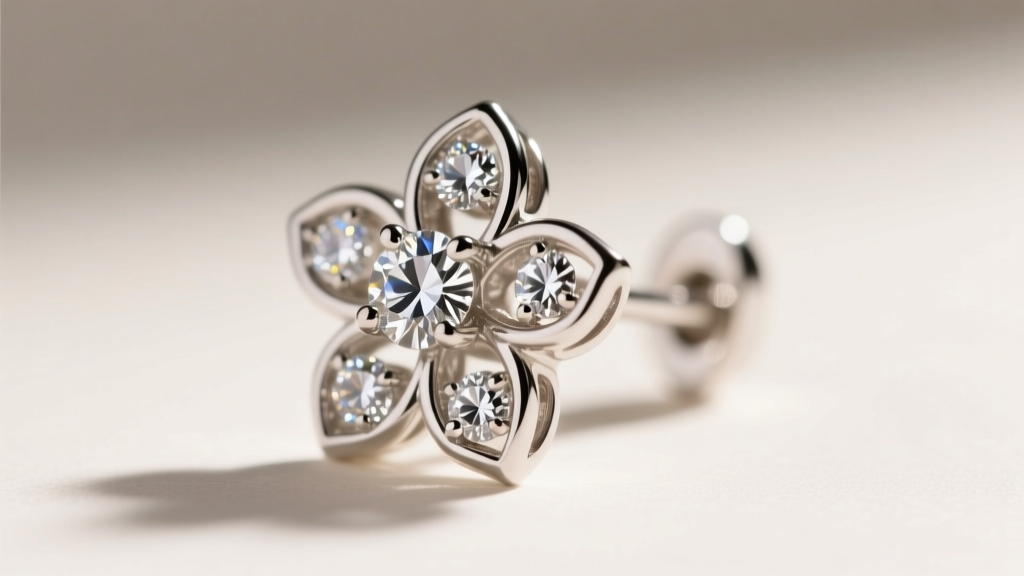 Close-up of platinum prongs securing tiny melee diamonds in a floral earring setting, highlighting the precise metalwork details.