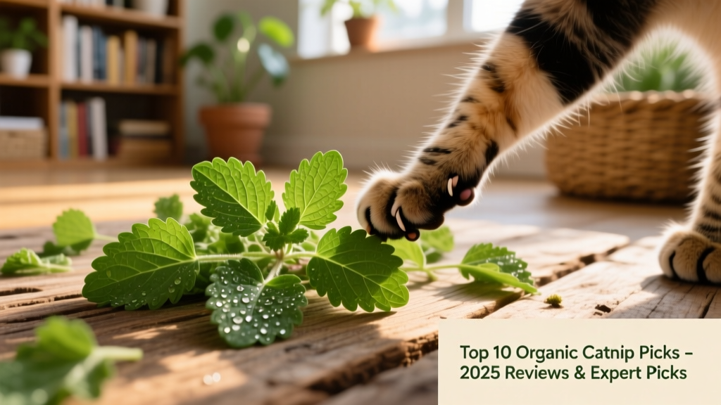 A close-up of vibrant green organic catnip leaves scattered on a natural wood surface, with a curious cat paw gently touching them