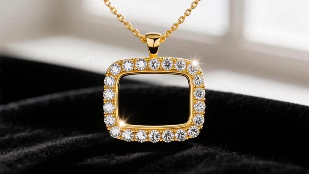 Close-up of an 18k yellow gold domino necklace pendant with pave-set round brilliant diamonds resting on dark velvet fabric