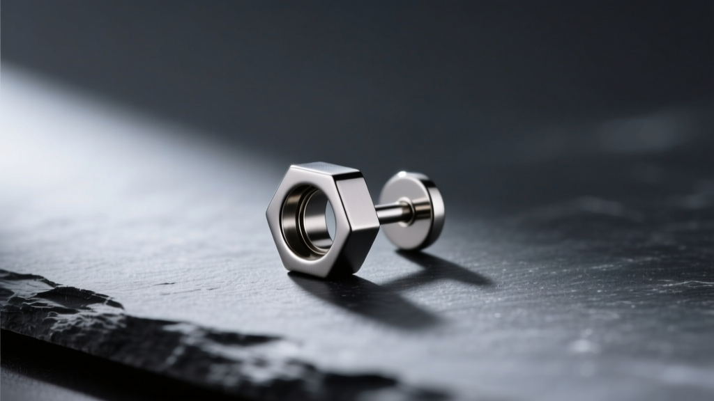 Macro photo of a 14-gauge implant-grade titanium flat-back labret earring with a matte finish, resting on a dark slate surface