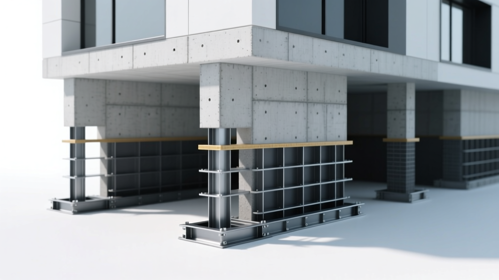 3D render of commercial foundation showing steel base isolators and reinforced concrete shear walls in bright studio lighting.