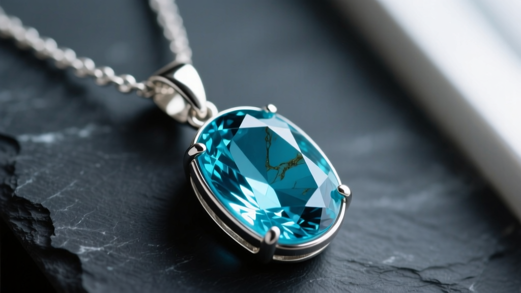Macro shot of a Sleeping Beauty turquoise crystal necklace pendant in a silver bezel, showing waxy luster on dark slate.