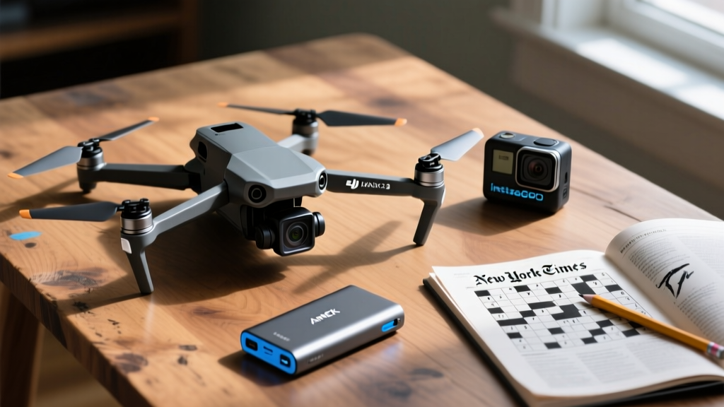 Flat lay of DJI Mavic 3 drone, Insta360 X4 camera, and Anker power bank on wooden table next to a partially completed NYT crossword puzzle.