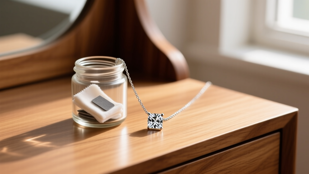 Small glass jar with anti-tarnish strips and cloth, resting next to a delicate cubic zirconia pendant necklace on a wooden vanity.