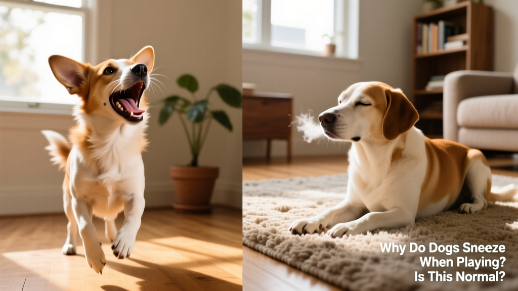 Side-by-side comparison: a relaxed dog mid-play-sneeze vs. a calm dog pausing to sneeze while resting on a rug