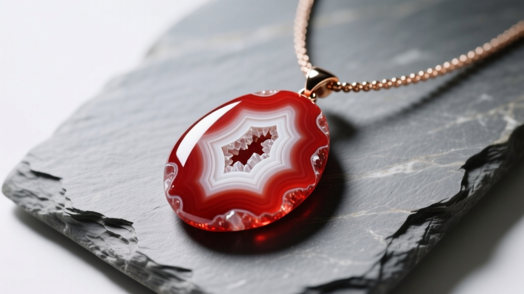 Close-up of a polished red agate necklace pendant on slate, revealing vivid crimson and white cryptocrystalline banding patterns
