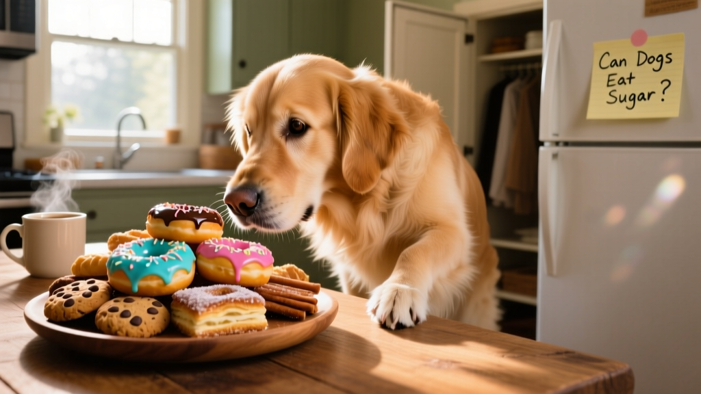 A curious dog sniffing a plate of human desserts like donuts and cookies