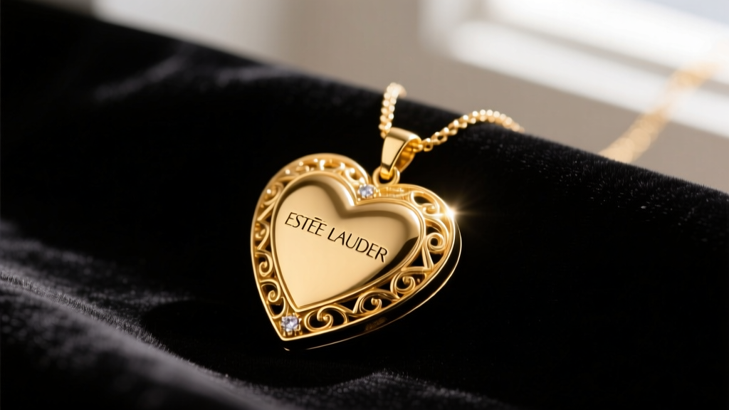 Close-up of a vintage 1990s gold-tone Estee Lauder heart-shaped solid perfume pendant necklace resting on dark velvet fabric