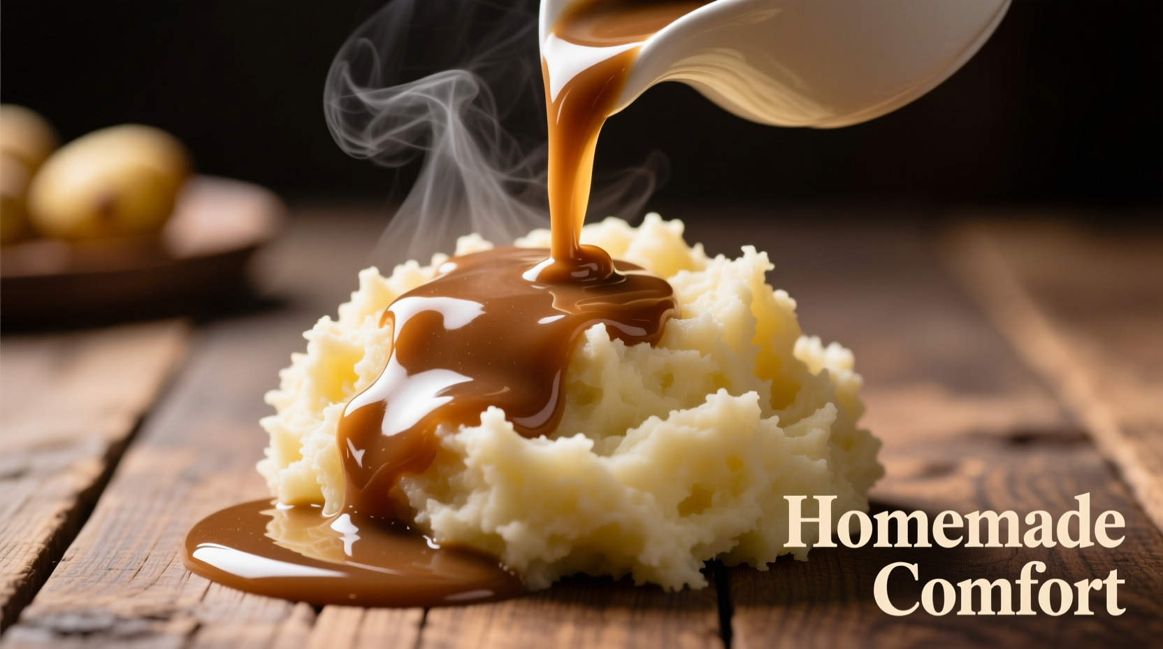 Creamy brown gravy being poured over fluffy mashed potatoes