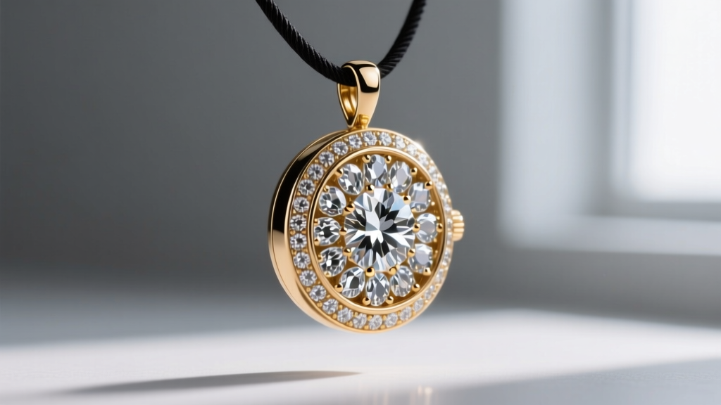 Side profile of a 50mm moissanite-encrusted timepiece pendant, showing the depth of the pave setting and polished gold backing