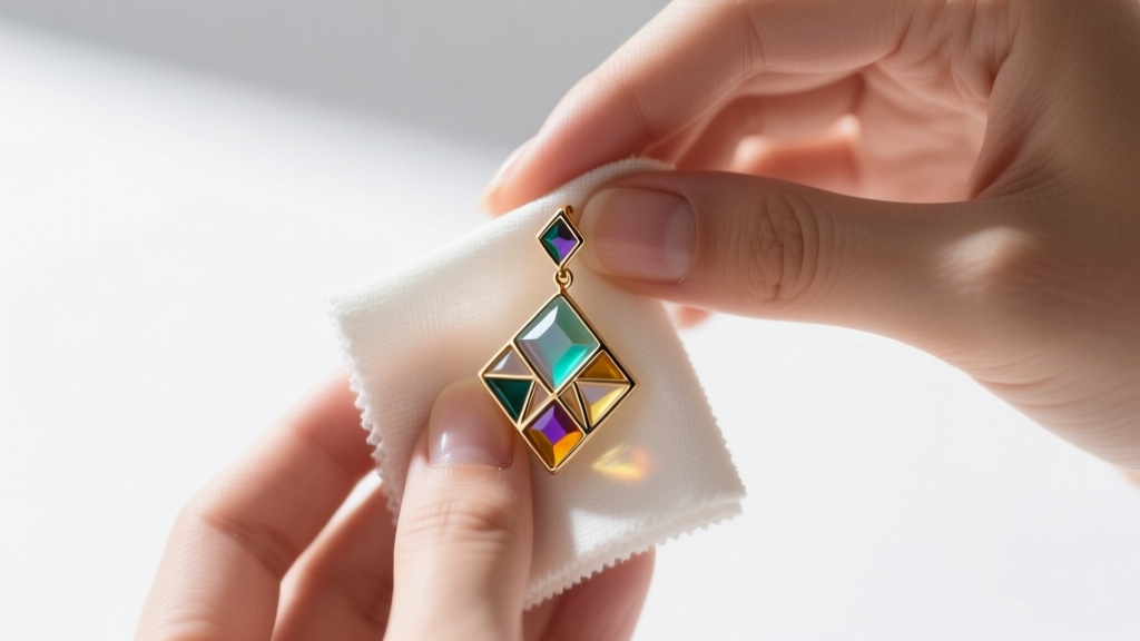 Hands wiping a resin Coco Loco earring with a microfiber cloth, avoiding alcohols that cause surface clouding or micro-scratches