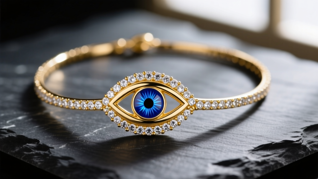 Close-up of an 18k gold diamond evil eye necklace on dark slate, featuring a blue enamel center and pave diamond halo.