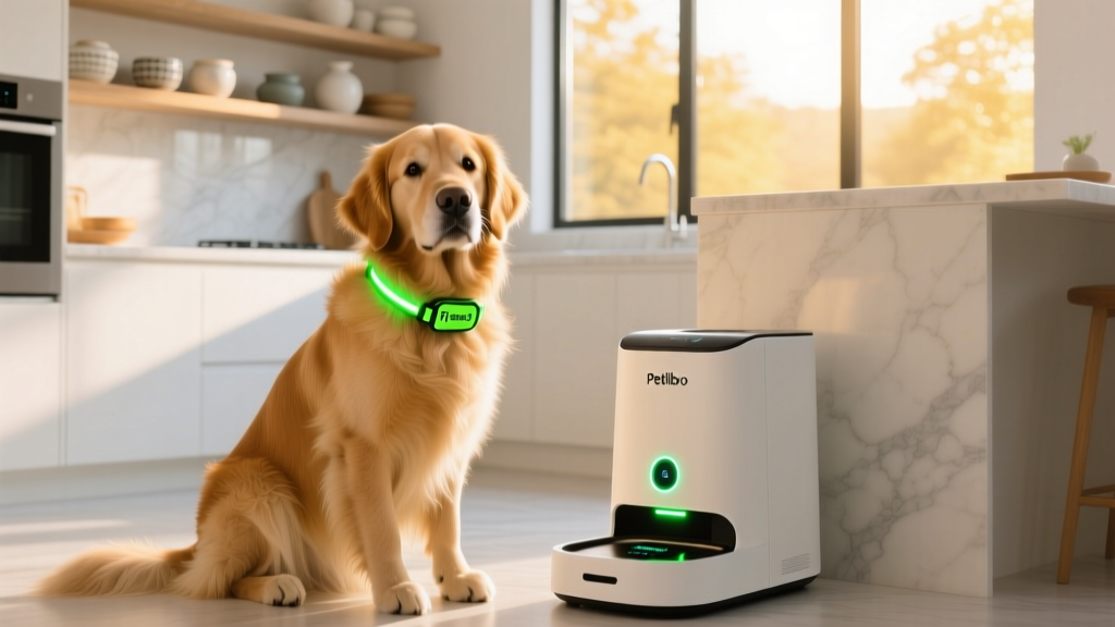 Golden retriever wearing a sleek neon-green Fi Series 3 GPS collar sitting next to a modern white Petlibro smart feeder in a sunlit kitchen