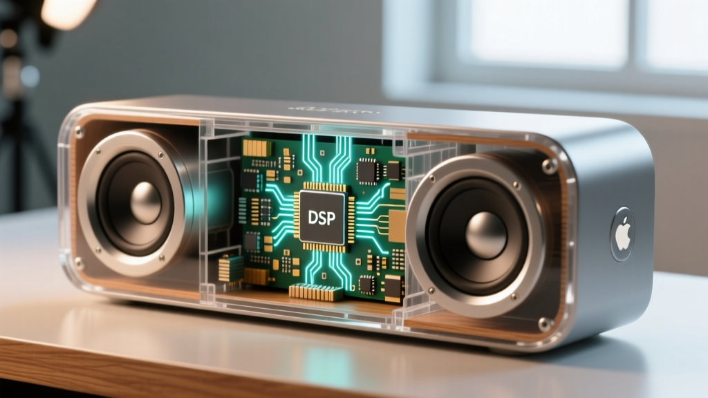 Cutaway illustration of a premium portable speaker revealing the internal digital signal processing chip and dual passive radiators