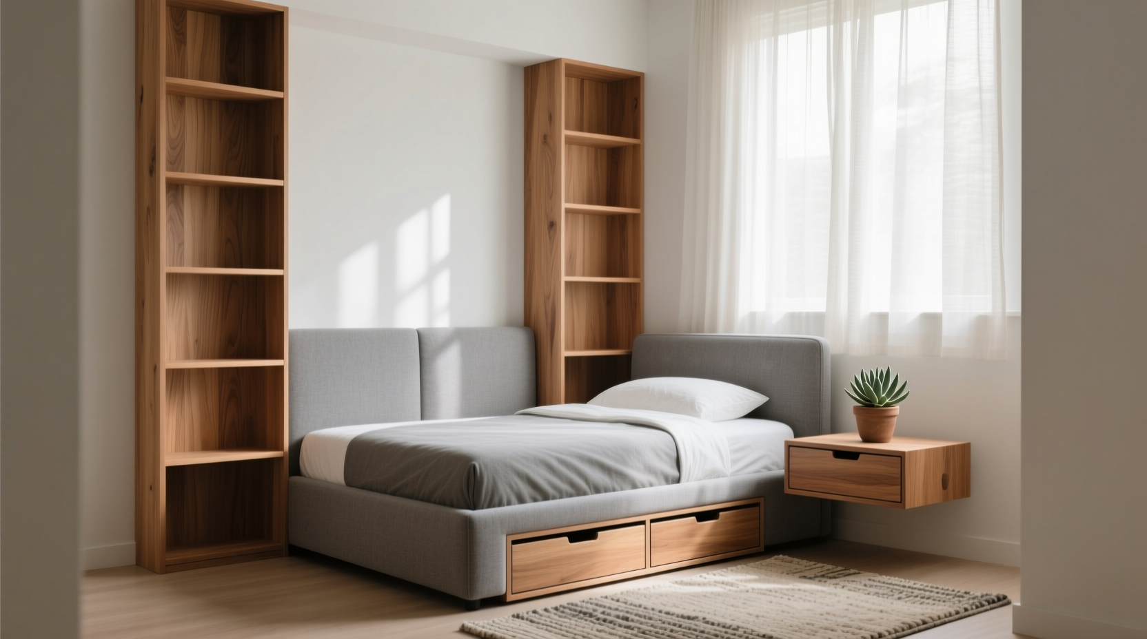 use vertical shelving units for a storage friendly bedf