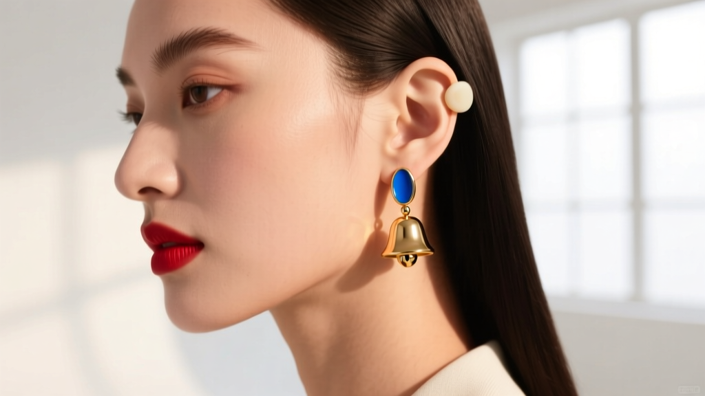 Model wearing lightweight enamel jingle bell drop earrings, showing secure silicone friction back on the earlobe, bright studio.