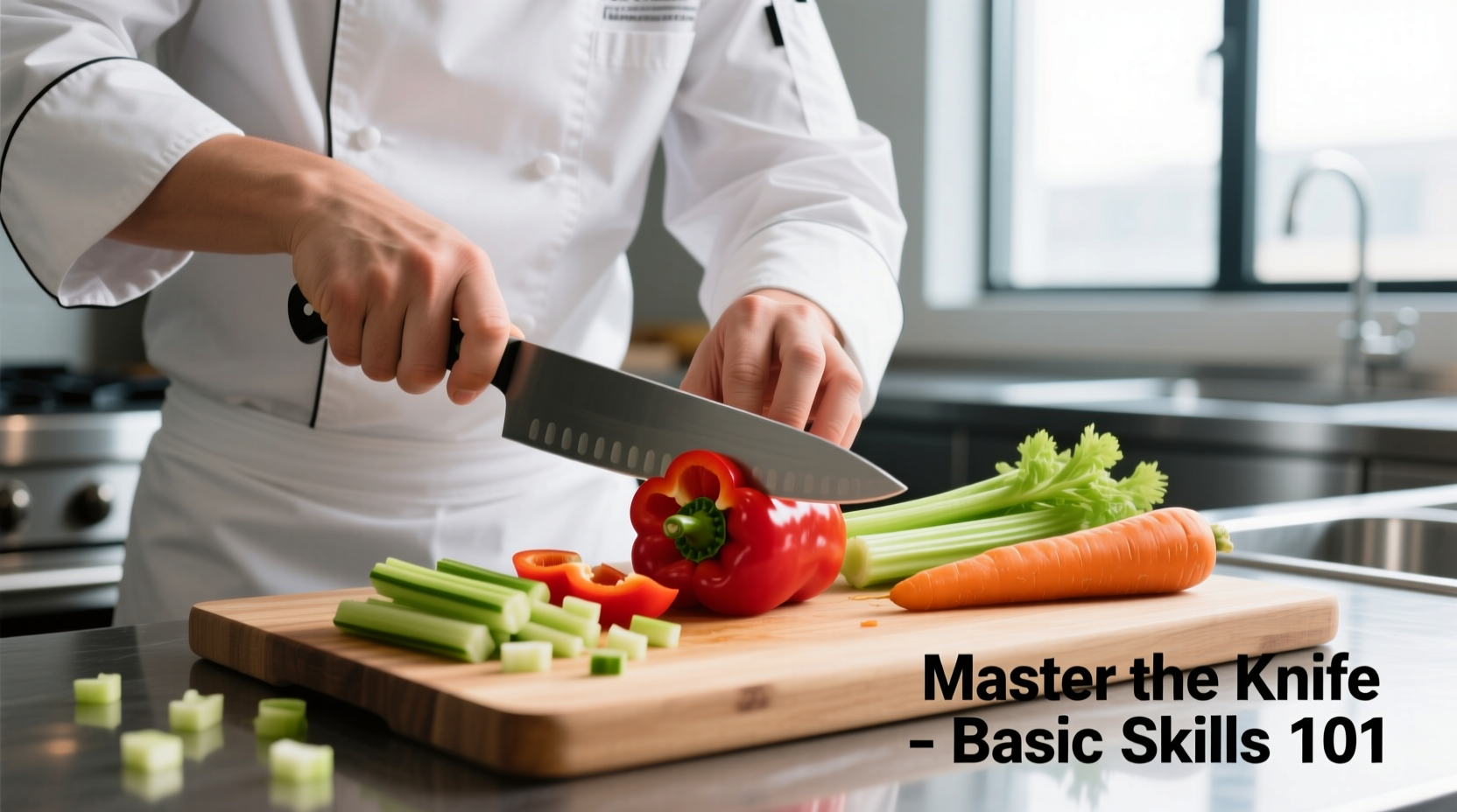 Chef demonstrating basic knife skills with vegetables