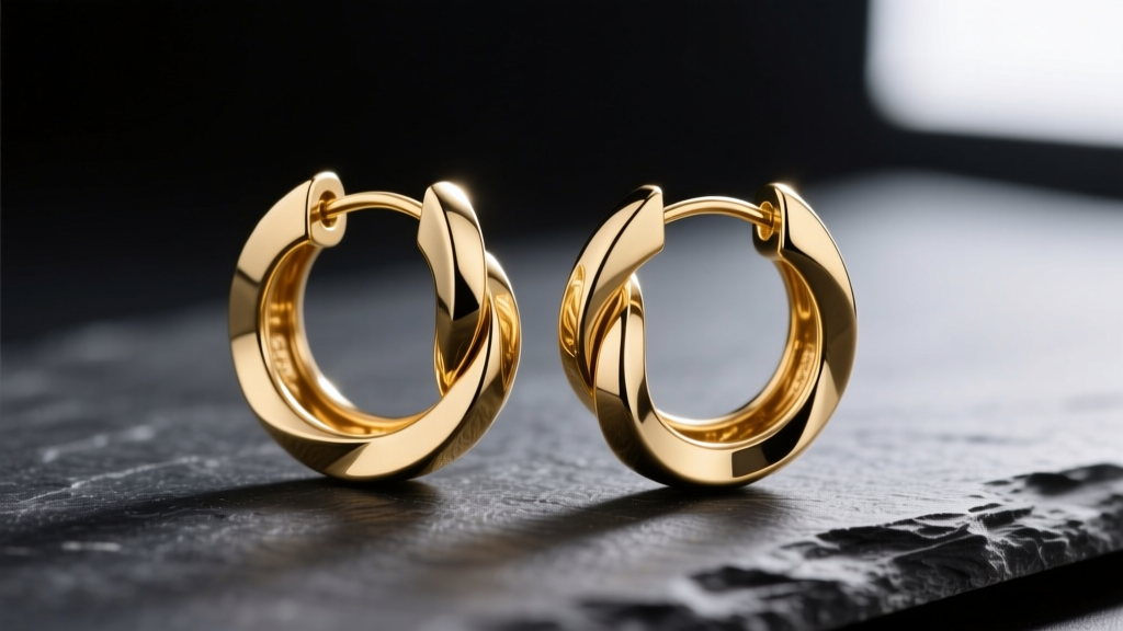 Macro shot of 14k gold interlocking jump ring earrings on dark slate, soft lighting highlighting seamless soldered joints.